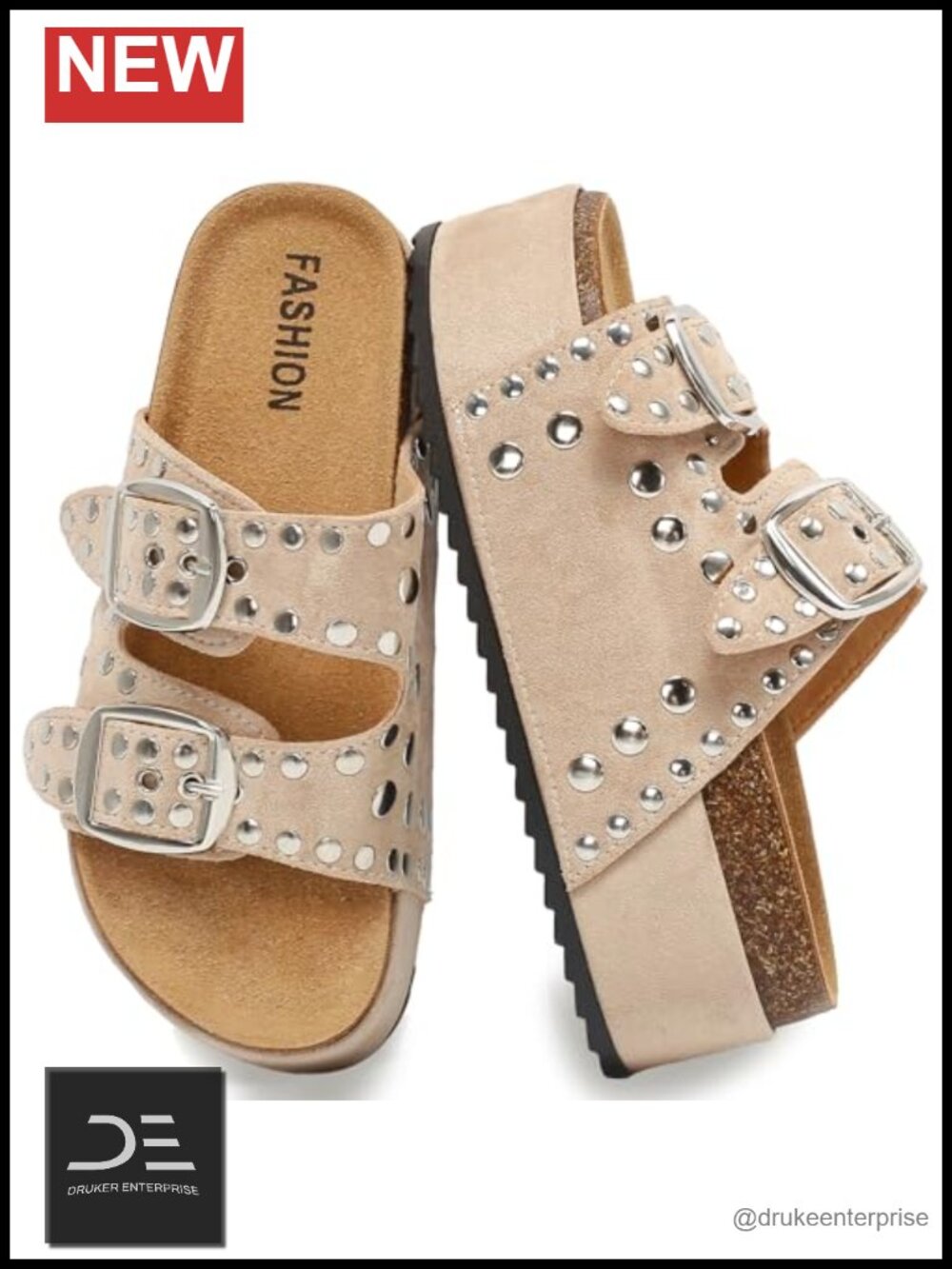 Women's Platform Sandals with Cork Footbed Suede Studded Adjustable Double